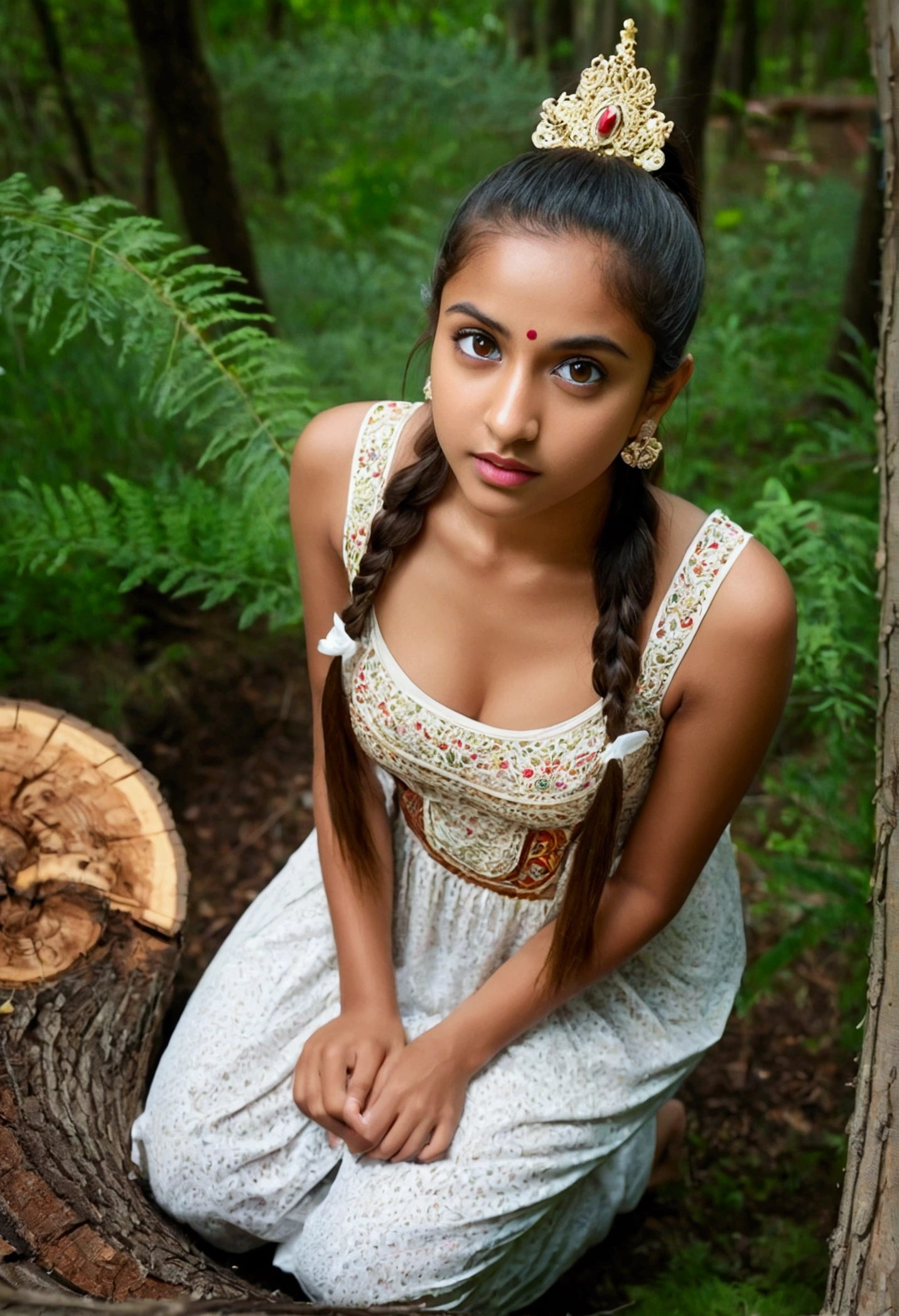 (From a straight above, birds-eye perspective), amateur, kneeling, [sexy], eye focus, photo (full body) (in the middle of a forest), attractive 22-year-old Indian girl, (beautiful face: 1.1), detailed light brown eyes, delicious Lucious lips, (eye makeup: 0.85), (medium breasts: 1.0), (firm body: 1.2), (log hair: 1.2), ponytail, sundress, high frequency details, funny, ornate, bright colors, playful, photographed on a camera phone, (highly detailed, intricately detailed)
