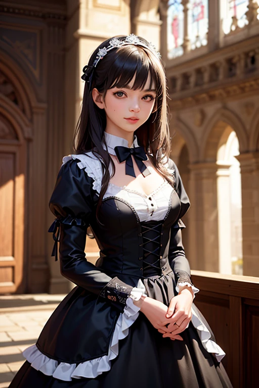 (realistic, photo-realistic:1.37), incredibly absurdres, (insanely detailed:1.3), 8k, (masterpiece), (best quality:1.4), (ultra high res:1.2), (RAW photo:1.2), ultra detailed background, (unity 8k wallpaper), 1 nogizaka girl, utterly cute, bishojo, 15yo, (gothic lolita fashion), an exquisitely detailed and beautiful face and eyes and skin, detailed black shine hair, elegant frills, frilled tie, ribbon tie, rose hair accessory, a dress with delicate lace, soft fabric, and a beautiful rose pattern, smile at the camera, cowboy shot, castles scenery in europe, professional lighting