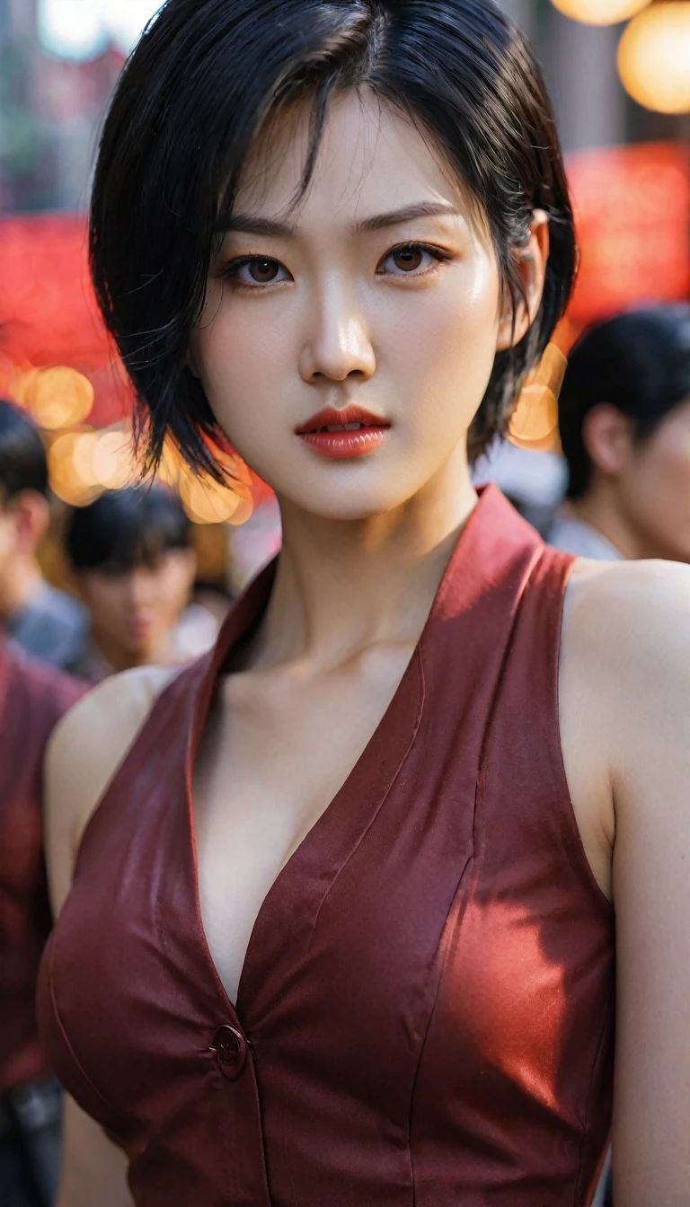 close-up of beautiful korean female, 34 inch breasts size, wearing as Ada Wong from resident evil, crowded, bokeh background, UHD