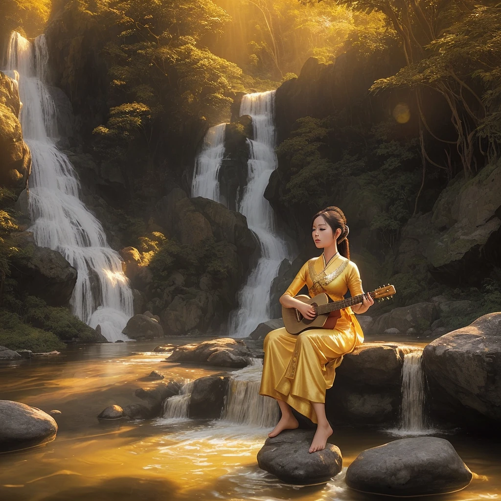 A beautiful woman dressed in traditional Thai attire from classical literature, playing a guitar on a rock by a waterfall. The scene is illuminated by the soft, golden sunlight, creating a serene and enchanting atmosphere.