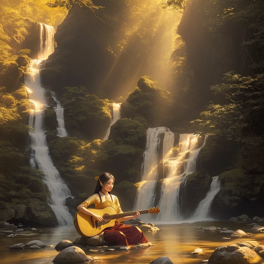 A beautiful woman dressed in traditional Thai attire from classical literature, playing a guitar on a rock by a waterfall. The scene is illuminated by the soft, golden sunlight, creating a serene and enchanting atmosphere.
