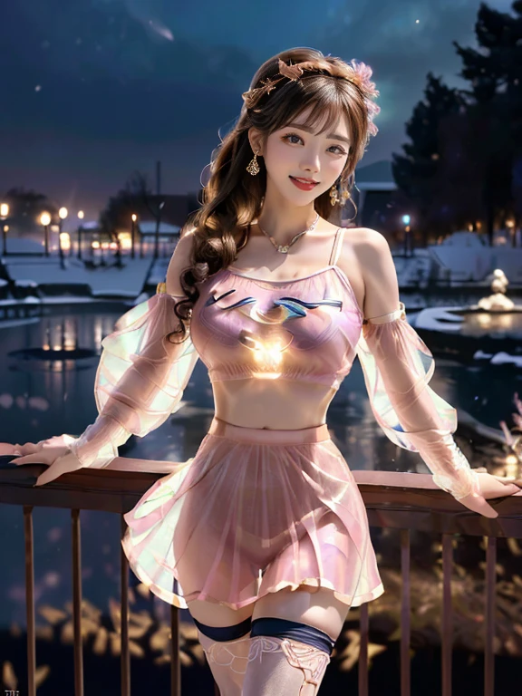 A Chinese female racing model,((night),(moonlight),(hot spring),(Snow Scene)), (8K Ultra HD, Digital SLR Camera, Soft Light, high quality, Volumetric Lighting, frank, photo, high resolution, 4K, 8K, Bokeh), ((Create stunning images of real girls), warm light, Dynamic poses, Elegant Posture, Cowboy lens, Full body front view, From the front，Be confident, Body facing the camera, Standing facing the camera, Open your legs slightly, Golden Ratio Graphics, Minimalism), (Show a charming smile, Willow Leaf Eyebrows, big eyes, Apricot eye prick, Cherry Blossom, Balanced Eyes, Oval face, Pretty Face, Normal facial features, Skin is transparent and visible, Thin skin and tender meat, Slim body, cosmetic, earrings, bracelet, necklace, Jewelry, veil, Hair accessories, Headdress), (Brown hair, Wavy curly hairstyle, Waist-length hair, Messy Hairstyle, Gradient hairstyles, Cyberpunk hairstyle), ((Transparent clothes：1.5), (The color of the clothes:Pink), Transparent Clothes, See-through clothes, Transparent Clothes, Tulle clothes, Mesh clothes, Flowing clothes,  underwear, Transparent lace maxi dress), (Sexy, Perfect breast shape, Teardrop chest shape, Snow-white breasts, very detailed breasts, 34E cup), (Super high waist clothes, Hollow clothes,(Camel toe, High fork strangulation)), (sock, Knee socks, 吊garter, Leg ring, garter, 腿部garter)