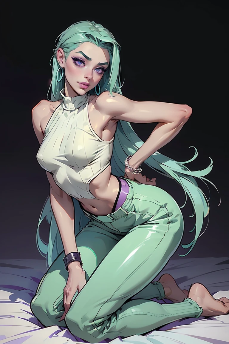Goddess ((goddess-like woman)), slim, elegant silhouette, masterpiece, (close angle), best quality, pale skin, fair skin, sweet face, (masterpiece: 1.2, best quality), (real picture, intricate details), (1 lady, solo, medium tits, small waist, ), ((Jinx/LOL)), beautiful face, kissable lips, long mint green hair, hair slicked back, (long mint green hair), mint green hair, LONG HAIR, (long mint green hair that goes up to the hips), perfect makeup, realistic face, detailed purple eyes, (purple eyes) bright purple eyes, long hair, eyelashes, mouth slightly open, she has an impressive presence., demon wings, wings, bracelet, hoop earrings, Jewelry, beautiful face, beautiful eyes, side view, side view, she Wears a wearing a a sweater and short sweatpants, sweet irresistible smile, elegant pose, elegant hands, beautiful hands, perfect fingers, right hands, right Arms, background: bedroom, bright room, large window, kneeling on the bed