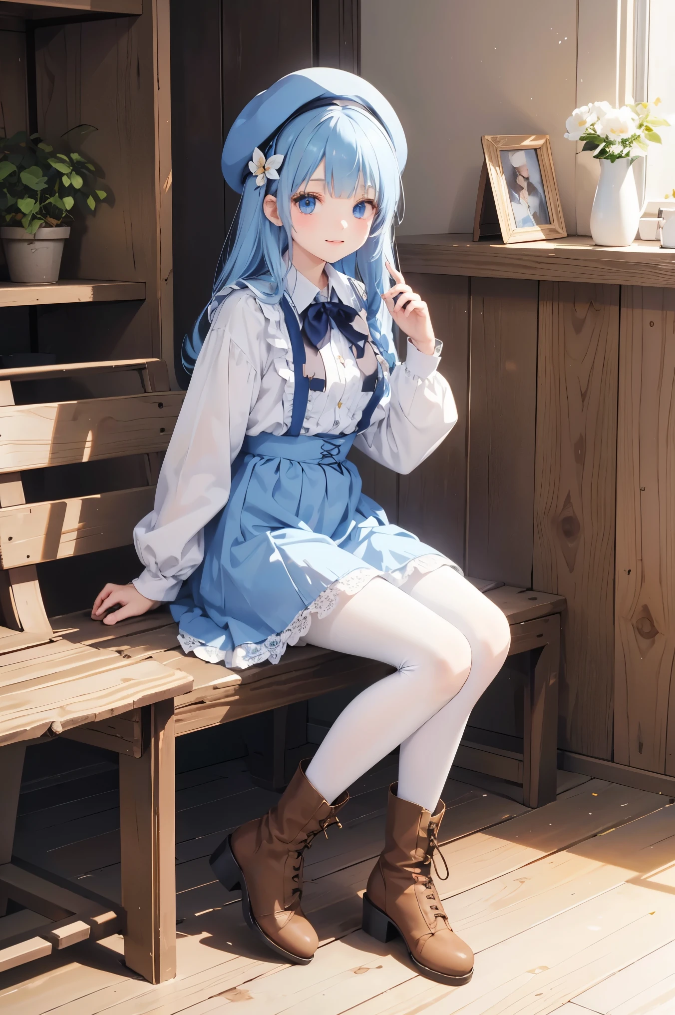  , 1girl, boots, white pantyhose, blue eyes, pantyhose, solo, hat, bangs, kamisato ayaka, sitting, long sleeves, braid, dress, looking at viewer, blue hair, blunt bangs, brown footwear, smile, flower, hair ornament, bug, butterfly, bow, frills, blue dress, cross-laced footwear, closed mouth, hair flower, beret, high heel boots, shirt, wooden floor, lace-up boots, boots removed, white shirt, photo \(object\), full body, high heels