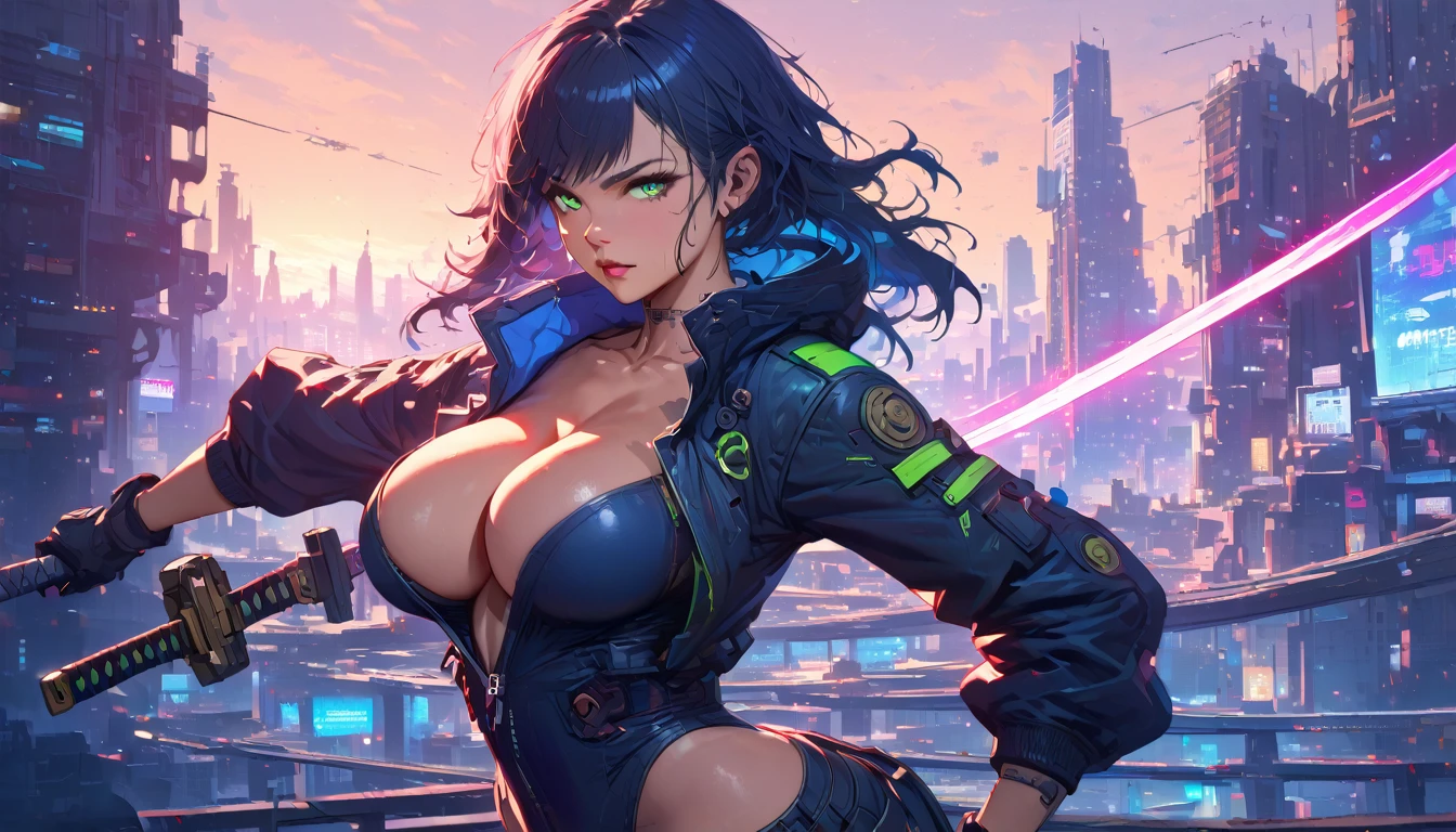 best quality,4k,8k, highres, masterpiece:1.2), ultra-detailed, extremely detailed eyes, extremely detailed body, (large masterpiece digital art), (detailed manga illustration), (detailed line art), ((perfect anatomy)), (intricate details:1.3), (ultra-detailed:1.3), (illustration:1.3), (sharp focus:1.3), (natural lighting:1.05), (vivid colors:1.3), (masterpiece), best quality, expressive eyes, perfect face, 1 girl, breasts, cleavage, gloves, large breasts, cyberpunk clothes, black jacket, dark blue hair, very long hair, messy hair, green eyes, curvy physique, athletic build, wearing black and blue uniform, shorts, fighting stance, huge ass, cyberworld, cinematic lighting, dramatic atmosphere, Beautiful woman, laser katana sword in hand, white skin, long black hair, portrait, Jeff Bridges, ((cartoon style)), Marvel Cinematic Universe style, (((cyberpunk city in the background))), soft bokeh of futuristic city, Atey Ghailan, Jeremy Mann, Greg Manchess, Antonio Moro, trend in ArtStation, trend in CGSociety, Intricate, High Detail, Sharp focus, dramatic and photorealistic painting art by Midjourney and Greg Rutkowski, bokeh in the background