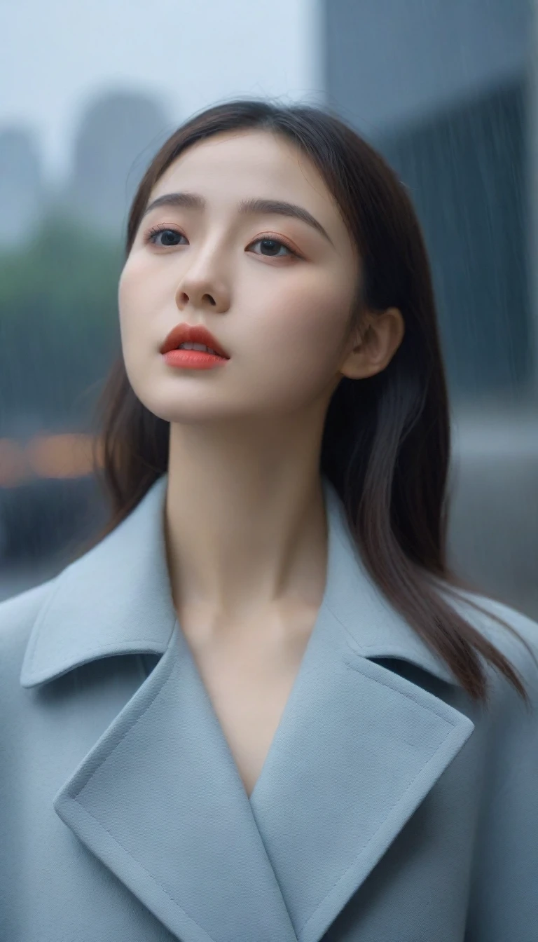 8K, Ultra-high resolution, best quality, masterpiece, Surrealism, photo,Three-Part Approach, 1 girl, (16 years old:1.3), pretty girl, Cute face, Beautiful eyes in every detail,(best quality,masterpiece:1.3,In 8K),(Practical:1.4,RAW Shooting,Caustics),of the night city,(heavy rain:1.2),Street Lights,(Street Lightsの光を反射して白く輝く雨粒:1.2),(The woman looked up at the sky),Zhongfa,Sad expression,long coat,Chest shooting,((Thin legs))、A bold gesture,Super cute supermodel、Look closely at the camera,鮮明なdetailed、detailed、Surrealism、Light and Shadow,glare,Fashion magazine cover,Thin lips