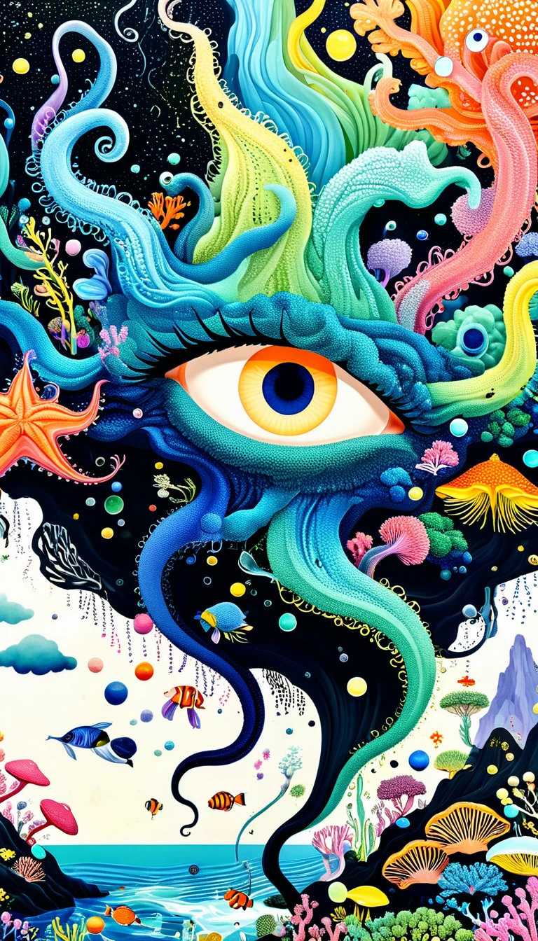 Broto art style，Strong visual fusion of multiple elements，来自Star的艺术家，Autistic artist，Colorful black，Dopamine color scheme，house、Eye、pearl珠帘、Plerogyra sinuosa、Soft coral、pearl、Coral Reef、Star、cloud、Schools of colorful fish、Spore powder、Tentacles，Describing the inner world of autistic people，密集Pointillism method。Smooth lines。interesting，Strange illustration。Pointillism method。Strong contrast。Award-winning works。