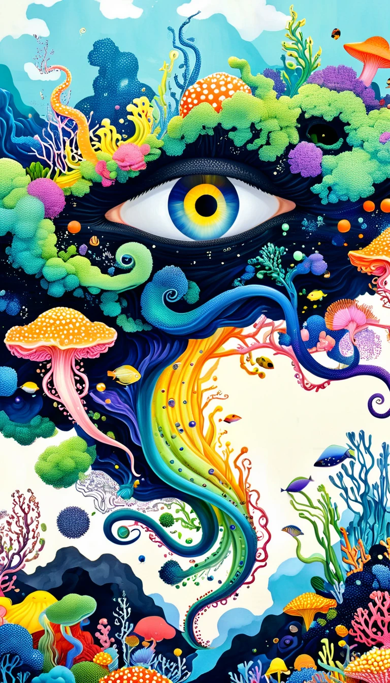 Broto art style，Strong visual fusion of multiple elements，来自Star的艺术家，Autistic artist，Colorful black，Dopamine color scheme，house、Eye、pearl珠帘、Plerogyra sinuosa、Soft coral、pearl、Coral Reef、Star、cloud、Schools of colorful fish、Spore powder、Tentacles，Describing the inner world of autistic people，密集Pointillism method。Smooth lines。interesting，Strange illustration。Pointillism method。Strong contrast。Award-winning works。