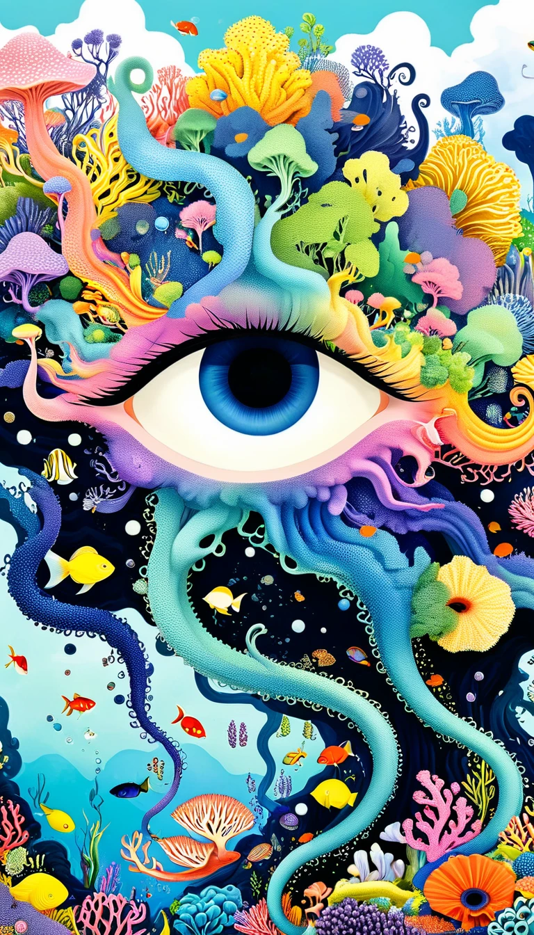 Broto art style，Strong visual fusion of multiple elements，来自Star的艺术家，Autistic artist，Colorful black，Dopamine color scheme，house、Eye、pearl珠帘、Plerogyra sinuosa、Soft coral、pearl、Coral Reef、Star、cloud、Schools of colorful fish、Spore powder、Tentacles，Describing the inner world of autistic people，密集Pointillism method。Smooth lines。interesting，Strange illustration。Pointillism method。Strong contrast。Award-winning works。