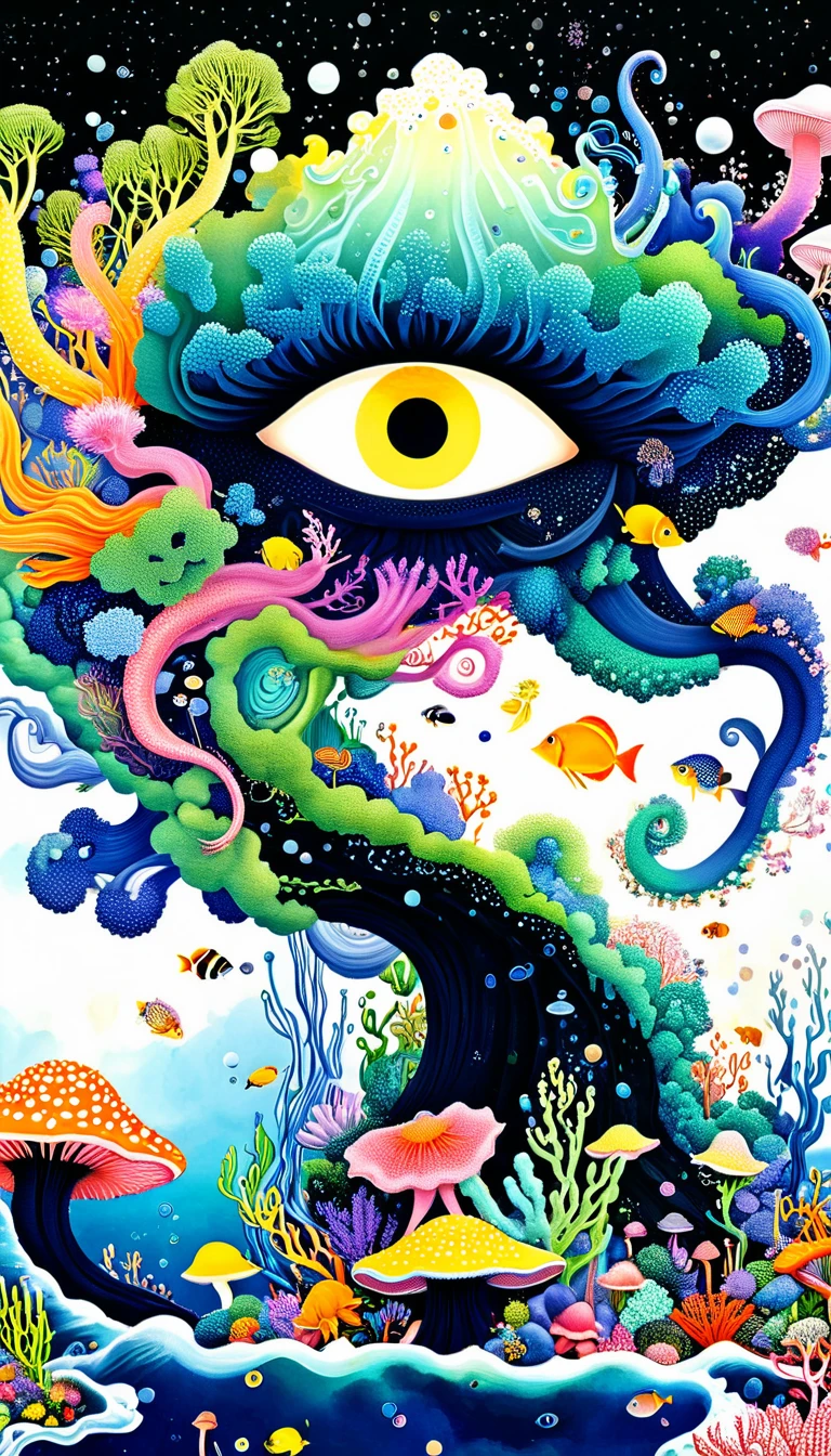 Broto art style，Strong visual fusion of multiple elements，来自Star的艺术家，Autistic artist，Colorful black，Dopamine color scheme，house、Eye、pearl珠帘、Plerogyra sinuosa、Soft coral、pearl、Coral Reef、Star、cloud、Schools of colorful fish、Spore powder、Tentacles，Describing the inner world of autistic people，密集Pointillism method。Smooth lines。interesting，Strange illustration。Pointillism method。Strong contrast。Award-winning works。
