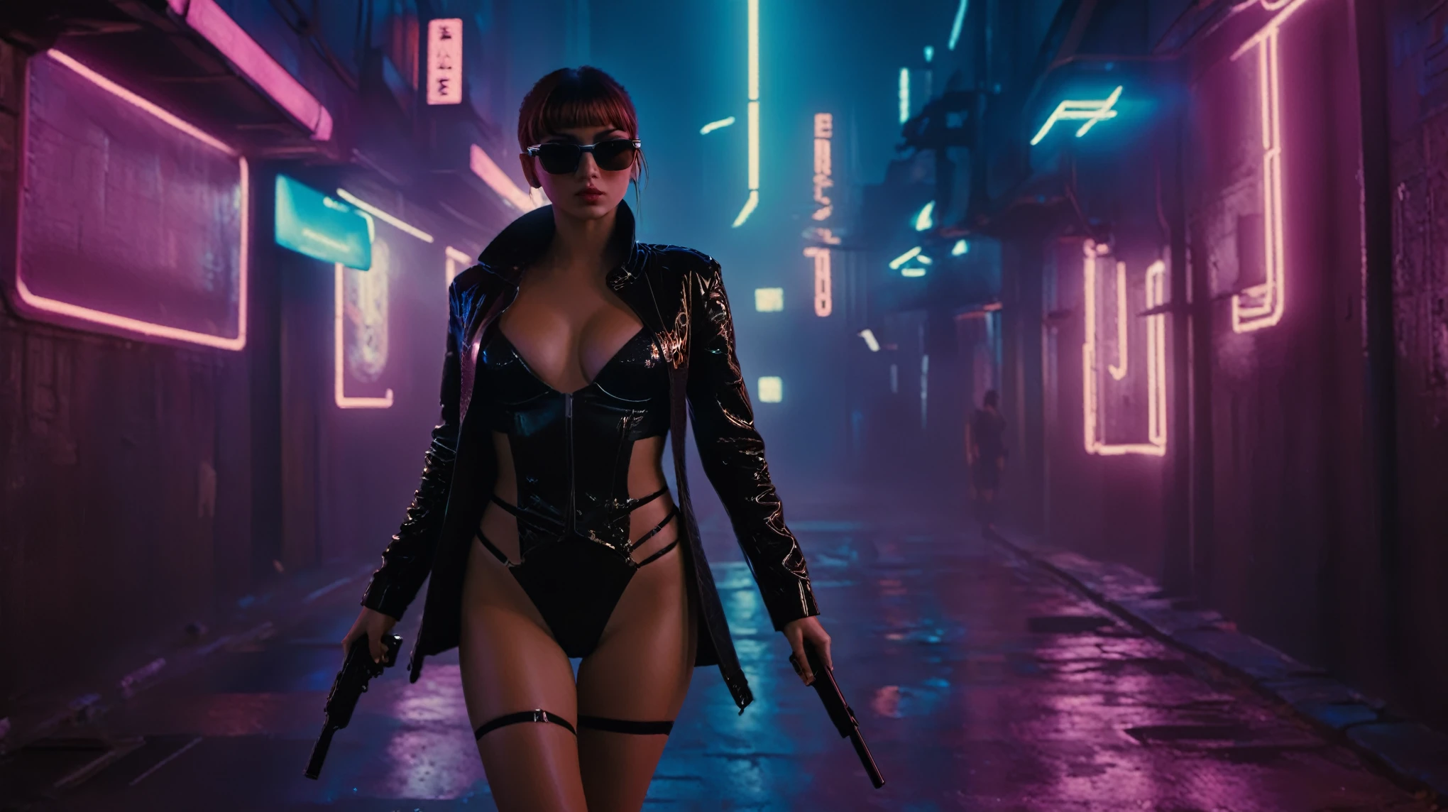 (aerial view), Blade Runner style futuristic alley at night, (flying cars), neon lights. (1girl, solo, alone), large-breast:1.2 slim body, cleavage:1.1, sexy micro laced lingerie with jacket, (black sunglasses), ((she raised a pistol:1.8 and shot the viewer)), dynamic pose, ((half-body thigh level medium shot)), cinematic lighting, lens flare, ray tracing.
