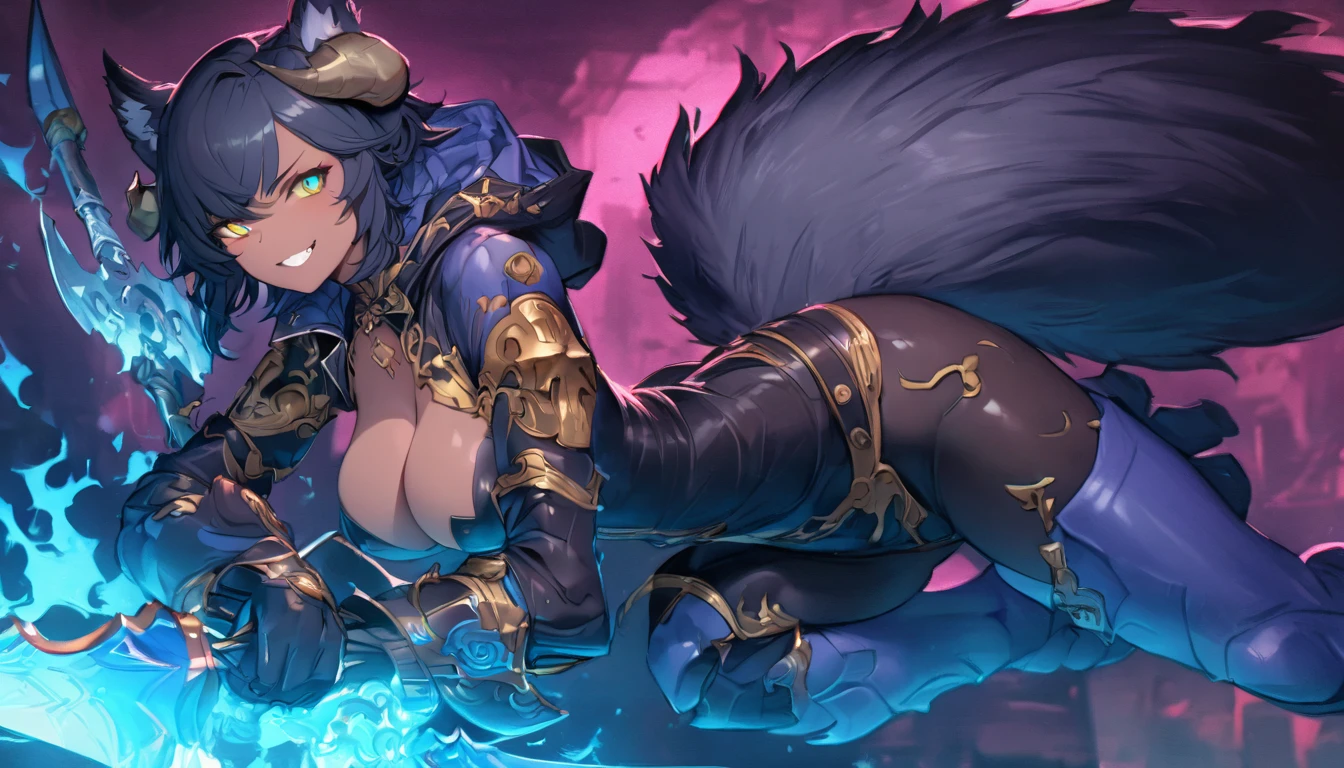best quality,4k,8k, highres, masterpiece:1.2), ultra-detailed, extremely detailed eyes, extremely detailed body, (large masterpiece digital art), (detailed manga illustration), (detailed line art), ((perfect anatomy)), (intricate details:1.3), (ultra-detailed:1.3), (illustration:1.3), (sharp focus:1.3), (natural lighting:1.05), (vivid colors:1.3), (masterpiece), (best quality:1.4), (perfect anatomy:1.4), high quality, expressive eyes, full body, detailed face, beautiful face, perfect face, 1girl, ((dark skin)), animal ears, black sclera, smile, colored sclera, breasts, solo, monster girl, black hair, (wolf ears), large breasts, curvy, wide hips, long hair, ((gold eyes)), claws, grin, fur, looking at viewer, collar, ((dynamic action pose)), tail, (wolf tail), {(dragon horns)}, demon horns, wings, sadistic smile, hair over eye, {regal outfit}, tiny crown, blue fire, curvy, sexy dress, dark skin, cinematic lighting, dramatic atmosphere, Beautiful woman, dragon spear in hand, Jeff Bridges, ((cartoon style)), Marvel Cinematic Universe style, (((hell castle in the background))), soft bokeh of hellscape, Atey Ghailan, Jeremy Mann, Greg Manchess, Antonio Moro, trend in ArtStation, trend in CGSociety, Intricate, High Detail, Sharp focus, dramatic and photorealistic painting art by Midjourney and Greg Rutkowski,