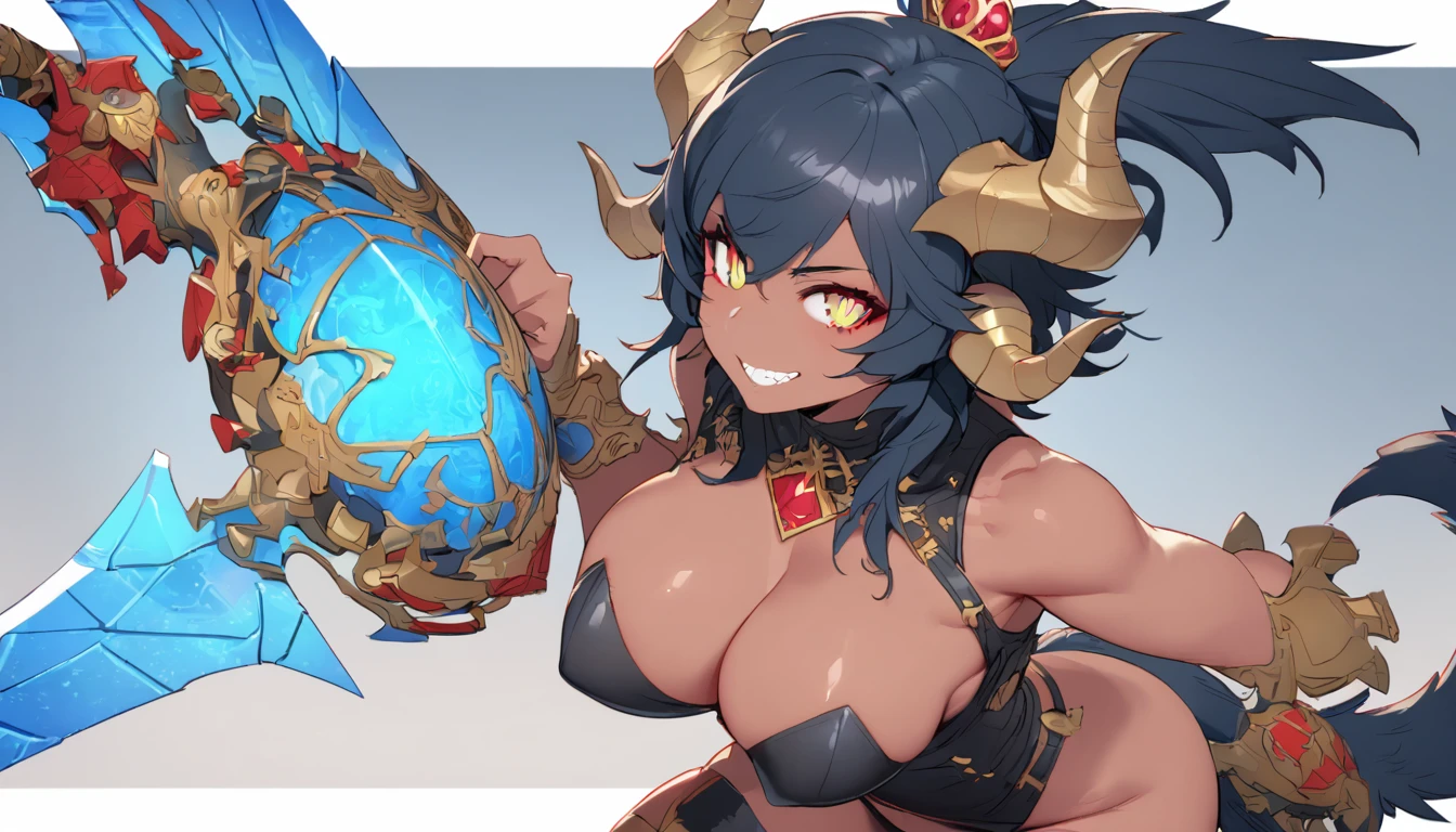 best quality,4k,8k, highres, masterpiece:1.2), ultra-detailed, extremely detailed eyes, extremely detailed body, (large masterpiece digital art), (detailed manga illustration), (detailed line art), ((perfect anatomy)), (intricate details:1.3), (ultra-detailed:1.3), (illustration:1.3), (sharp focus:1.3), (natural lighting:1.05), (vivid colors:1.3), (masterpiece), (best quality:1.4), (perfect anatomy:1.4), high quality, expressive eyes, full body, detailed face, beautiful face, perfect face, 1girl, ((dark skin)), animal ears, black sclera, smile, colored sclera, breasts, solo, monster girl, black hair, (wolf ears), large breasts, curvy, wide hips, long hair, ((gold eyes)), claws, grin, fur, looking at viewer, collar, ((dynamic action pose)), tail, (wolf tail), {(dragon horns)}, demon horns, wings, sadistic smile, hair over eye, {regal outfit}, tiny crown, blue fire, curvy, sexy dress, dark skin, cinematic lighting, dramatic atmosphere, Beautiful woman, dragon spear in hand, Jeff Bridges, ((cartoon style)), Marvel Cinematic Universe style, (((hell castle in the background))), soft bokeh of hellscape, Atey Ghailan, Jeremy Mann, Greg Manchess, Antonio Moro, trend in ArtStation, trend in CGSociety, Intricate, High Detail, Sharp focus, dramatic and photorealistic painting art by Midjourney and Greg Rutkowski,