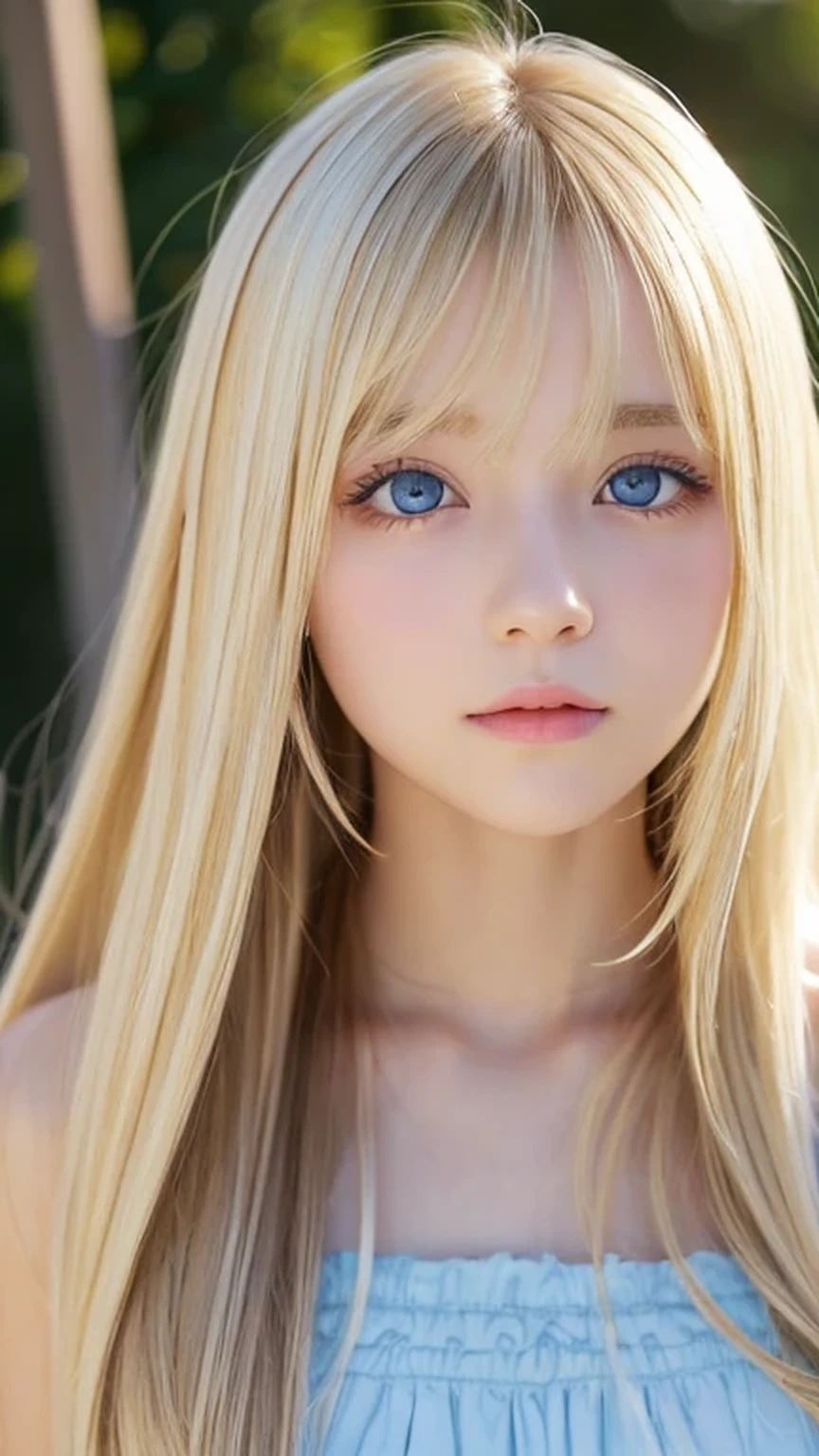 clear shiny skin、 cute sexy little beautiful face、very large and beautiful bright pale sky blue eyes、Very big eyes👀、Straight long hair that shines in the light、Long, silky bangs that cover her cute eyes、Sexy face hiding hair、Too long hair、sexy cute young beautiful girl、Super long natural young blonde hair with sparkling light highlights Blonde hair above the eyes Blonde hair above one eye、Blonde hair between the eyes、