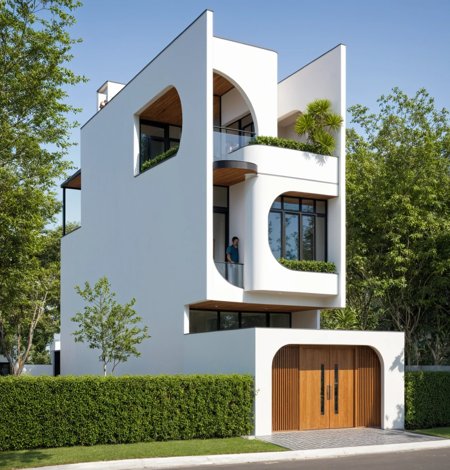 A high and narrow 3-storey house with a modern design, featuring a steel gate and wooden details. The exterior is painted white and the front wall has many curves. The house has windows on all sides, and a (wooden ceiling:1.2). The materials include black steel and wood. The 1st floor has trees growing in the middle columns, surrounded by tropical vegetation. The scene is captured from a 24mm angular view, with soft, natural lighting highlighting the textures and materials, casting gentle shadows that accentuate the curves of the front wall and the wooden details.