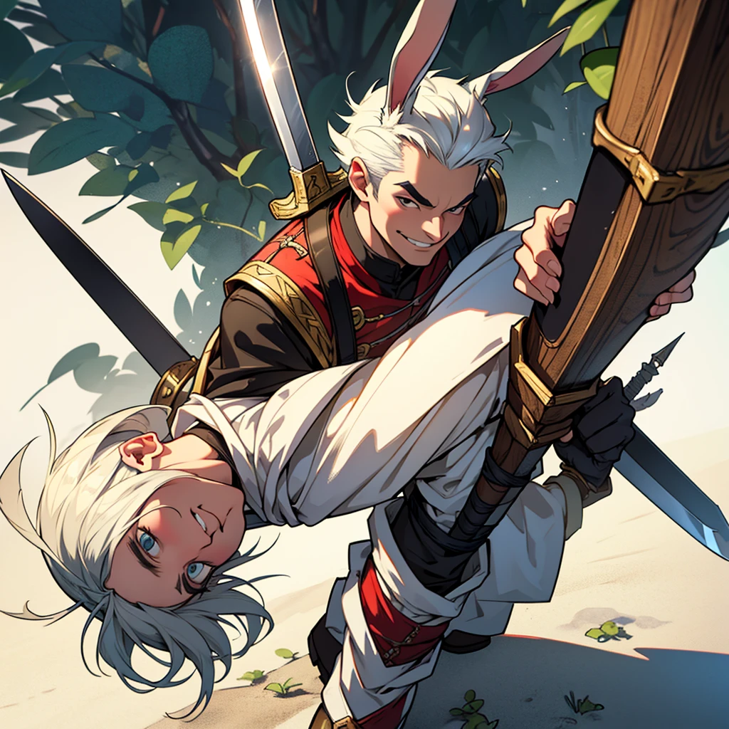 Create Bugs Bunny wearing a D&D adventurer outfit, wielding a sword, discreet smile, arched eyebrow, cunning look.