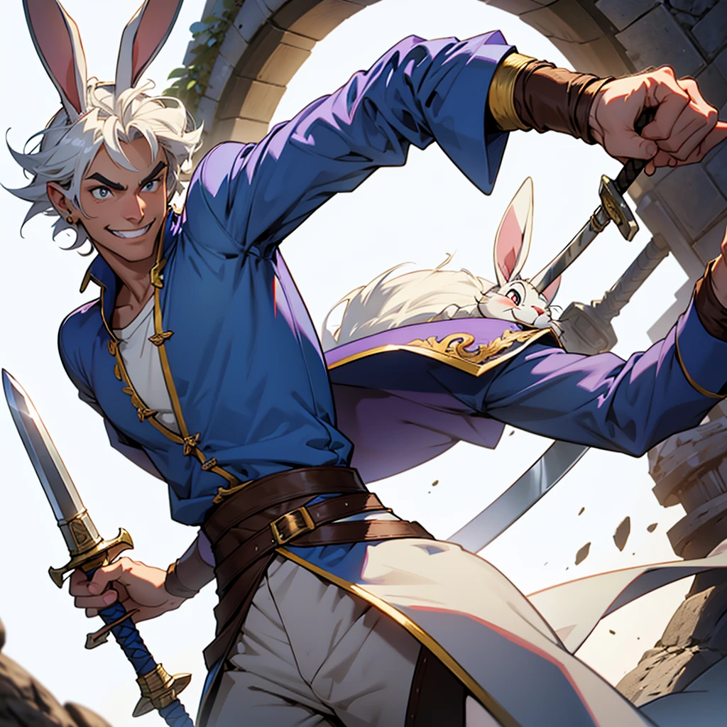 Create Bugs Bunny wearing a D&D adventurer outfit, wielding a sword, discreet smile, arched eyebrow, cunning look.