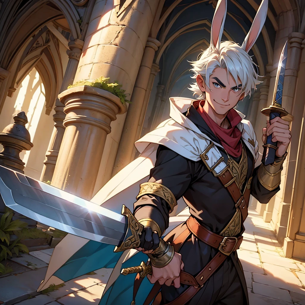 Create Bugs Bunny  wearing a D&D adventurer outfit, wielding a sword, discreet smile, arched eyebrow, cunning look.