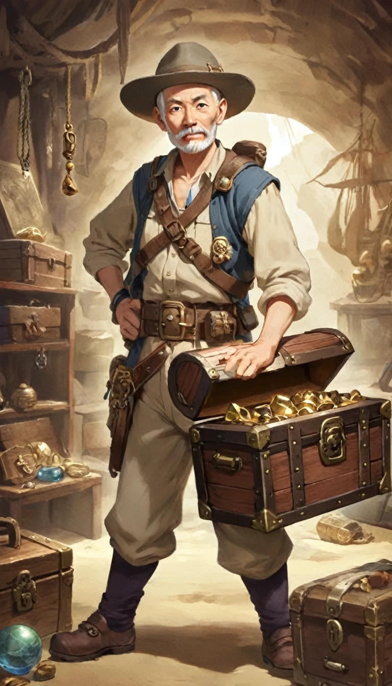 10An old explorer,Adventurer、Treasure chest in background、Treasure in the background、Cool pose