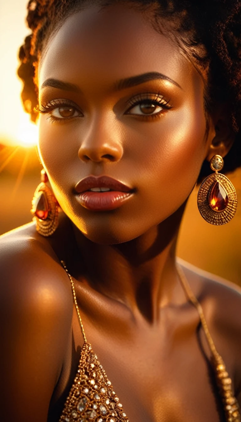 Full body shot, high quality, 8k, professional, photorealistic, cinematic lighting, dramatic shadows, beautiful detailed eyes, beautiful detailed lips, extremely detailed face and skin, elegant white woman, professional fashion model, proffesional photography, studio lighting, precious gemstone jewelry, sensual pose, lush African landscape, golden hour natural lighting, dramatic colors, cinematic mood, dramatic composition