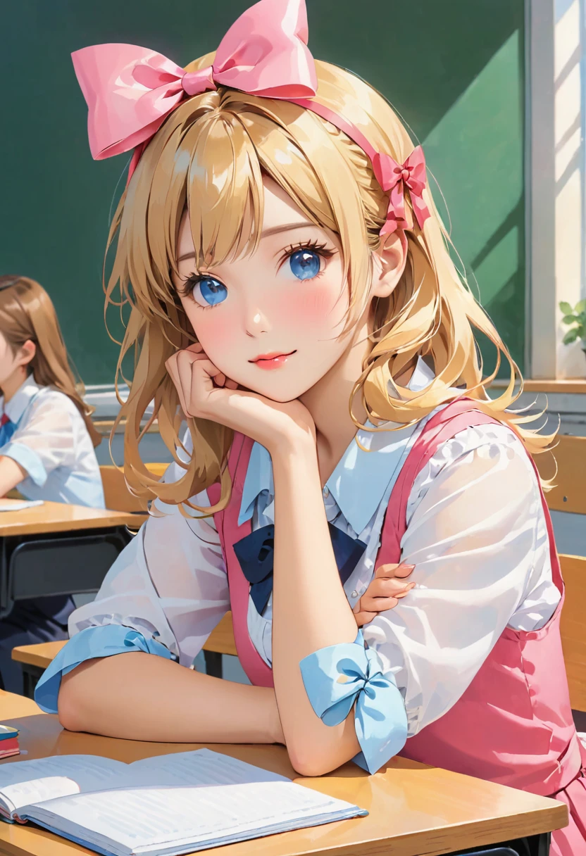 Blond girl, In class, Sitting on desk, , With a pink bow on her head.