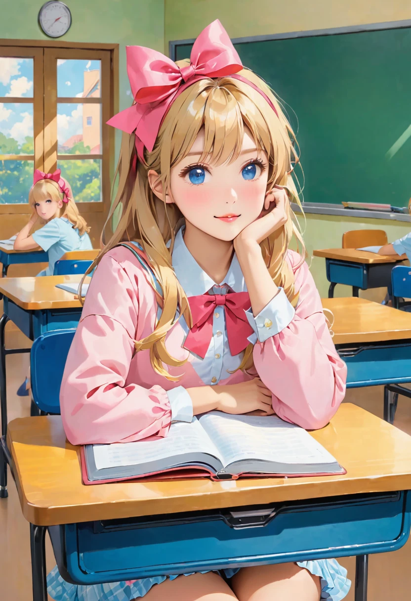 Blond girl, In class, Sitting on desk, , With a pink bow on her head.