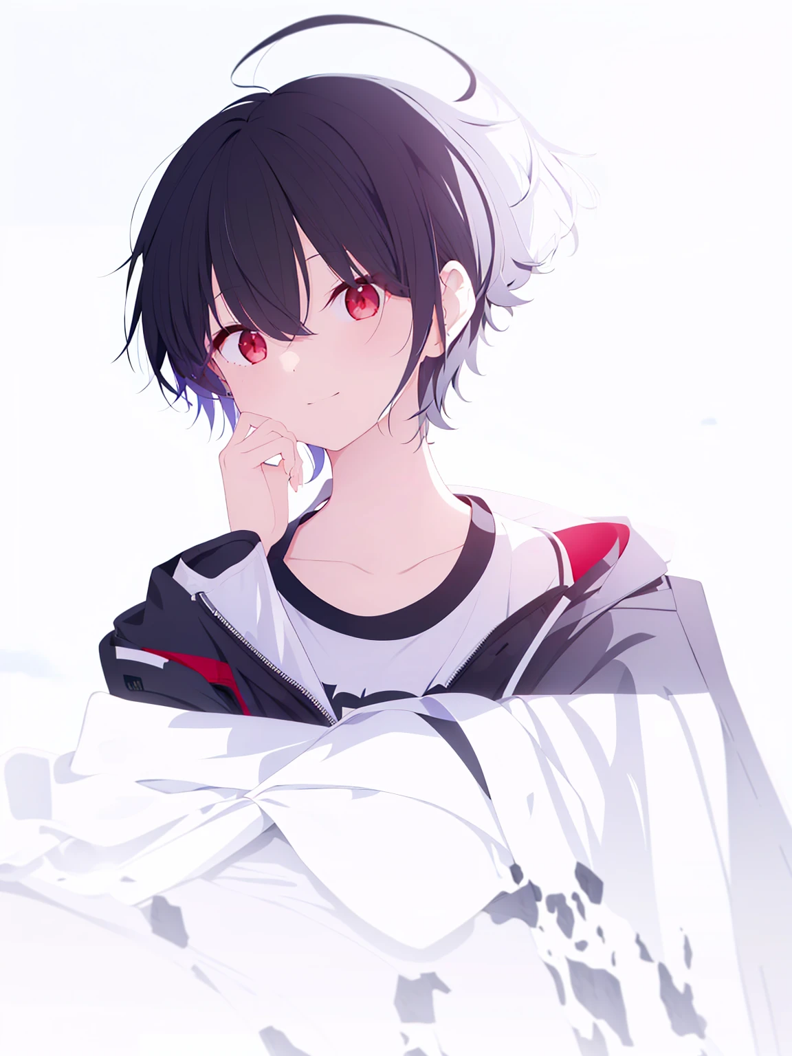solo, 1girl, skinny, black hair, red eyes, medium short haicut, balck jacket, white t-shirt,messy hair, cow lick, ahoge , messy bangs bangs ,short hair,หน้าม้าระหว่างตา, smile,