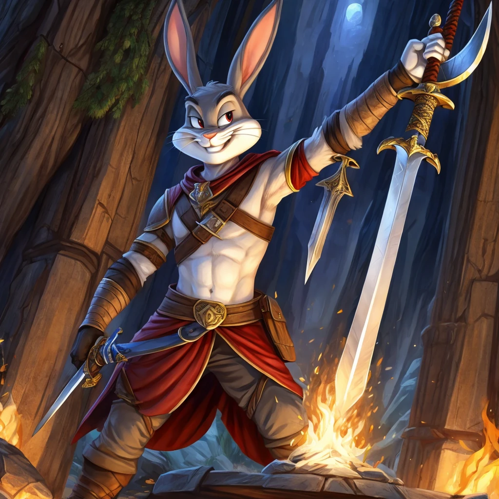 Create Bugs Bunny  wearing a D&D adventurer outfit, wielding a sword, discreet smile, arched eyebrow, cunning look.