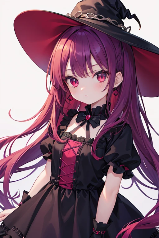 masterpiece, Highest quality, One girl, Long Hair, Reddish purple hair, Shiny Hair, Wavy Hair, Half Up, Bright red eyes, Large, slightly slanted eyes, Scorpion, Earrings, (child), Witch hat, Gothic Lolita, whole body, High resolution