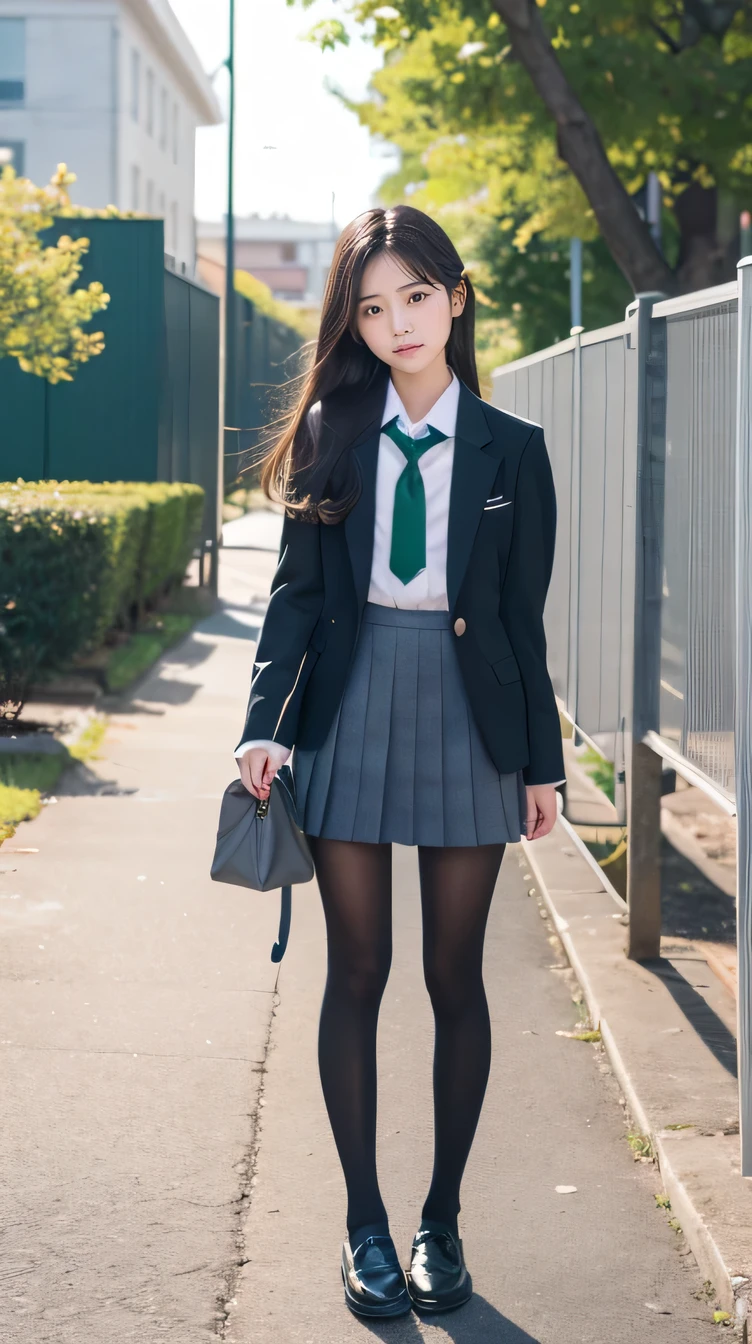 Great quality、8k、flying debris、(RAW Photos:1.4)、High resolution、((Composition away from the subject))、((Full body photo from face to ankles))、((Perfect Anatomy))、1 female 14 years old、Small stature、、Glowing Skin、Baby Face、double eyelid、eyes with long eyelashes、、smile、Realistic school scenery、middle School girl、Blue and grey school bag on shoulder、Slender and delicate body、、A blazer uniform with green lines、girl 、Check skirt、healthy、young woman、black tights、black tights、Brown loafers、loafers、Full Body Shot、Beautiful Hairstyles、Accentuates very slim legs
