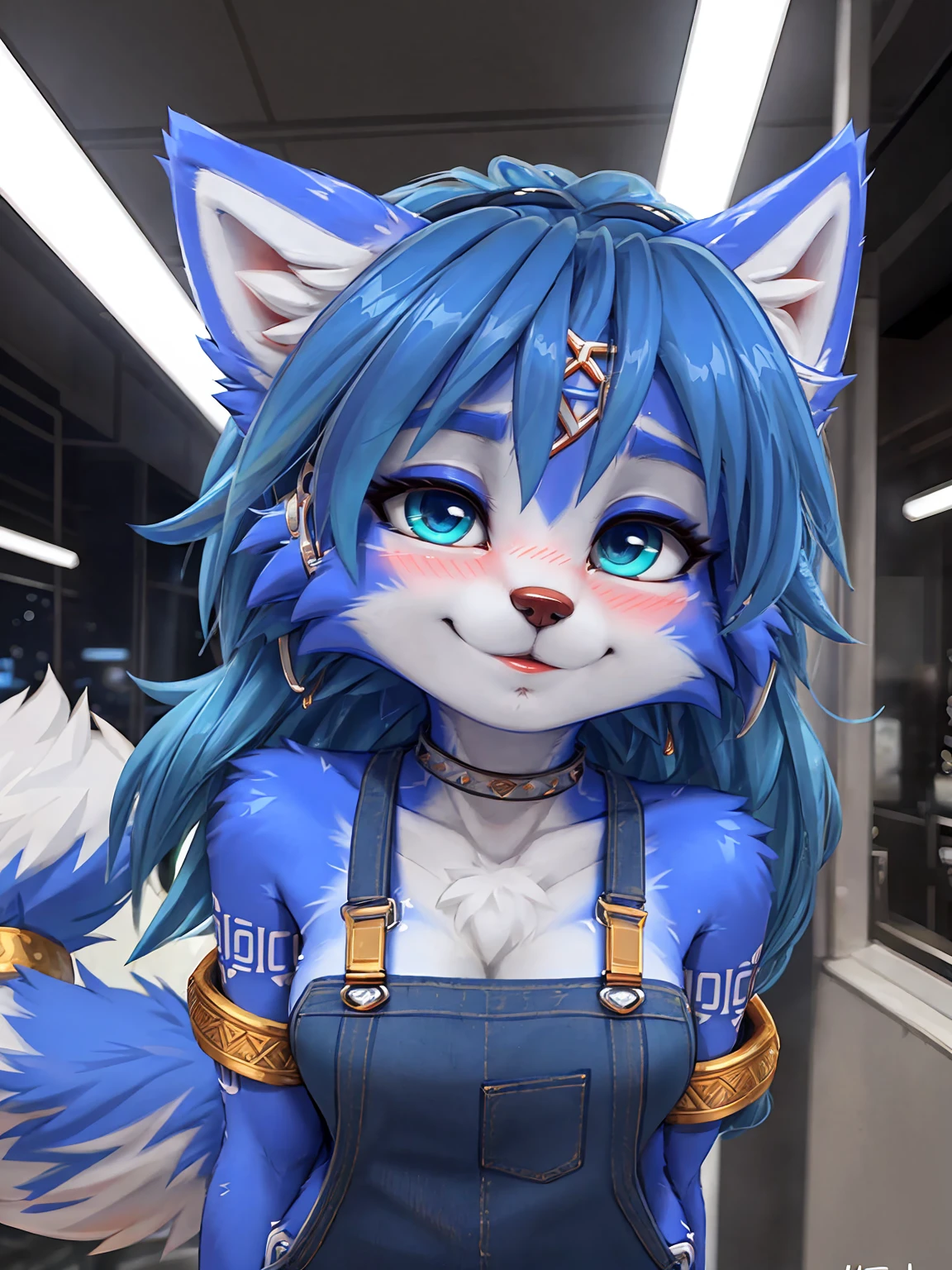 A beautiful and detailed (sweet portrait) wa ((krystal)), Star Fox krystal, sslim, green eyes, medium breasts, (((Long blue hair 1.3))), Decollete, look up, anthro, furry, Uploaded E621, detailed fluffy fur, (wa Fluff-Kevlar, Bayard Wu, personalize me, Pino Daeni), detailed face, (fluffy), 1 girl, alone, sweet girl, blue overalls, Viewers look at, Shy smile, blush,