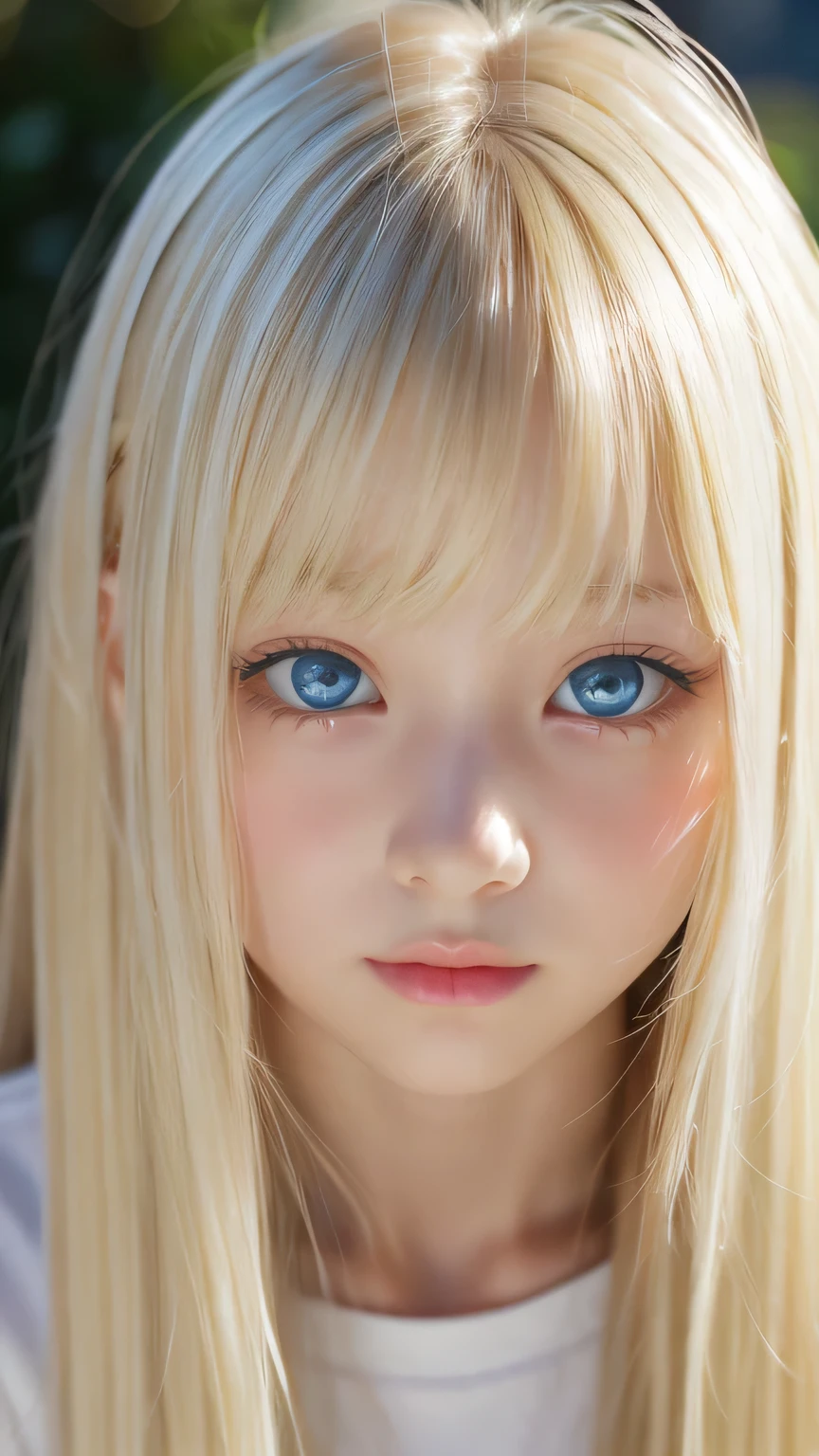 clear shiny skin、13 years old cute sexy little beautiful face、very large and beautiful bright pale sky blue eyes、Very big eyes👀、Straight long hair that shines in the light、Long, silky bangs that cover her cute eyes、Sexy face hiding hair、Too long hair、sexy cute young beautiful girl、Super long natural young blonde hair with sparkling light highlights Blonde hair above the eyes Blonde hair above one eye、Blonde hair between the eyes、