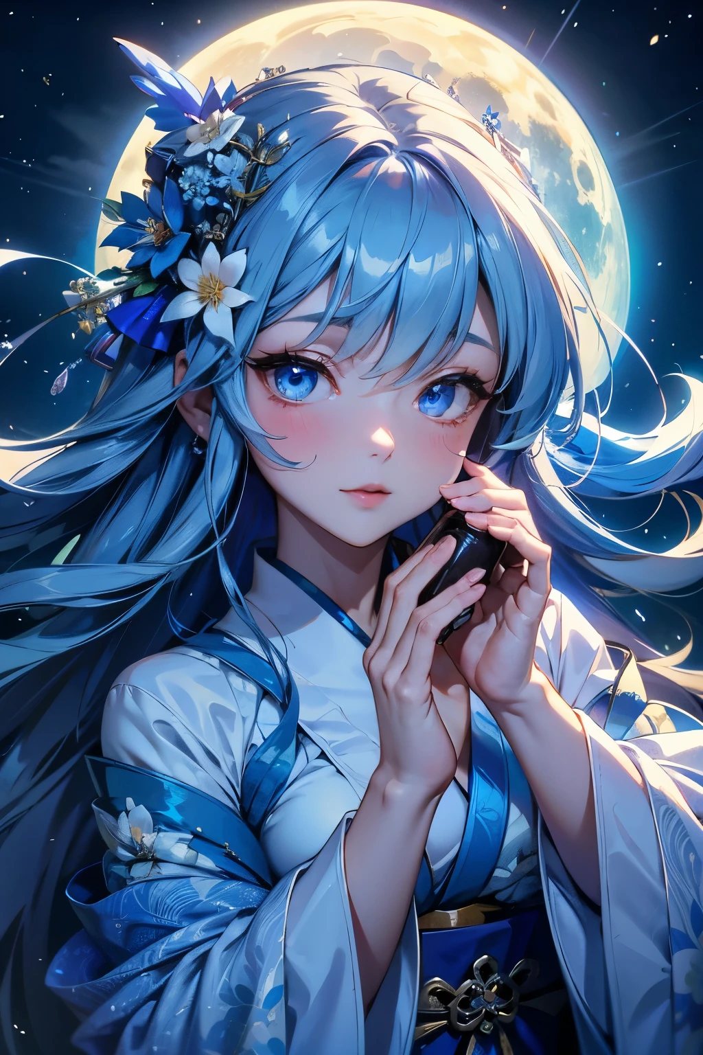 It is the figure of a blue shrine maiden.，She is a beautiful goddess。Upper body close-up。Wearing a white kimono。The moon is the background，A charming female deity。hair color is light blue。resolution，8k、masterpiece