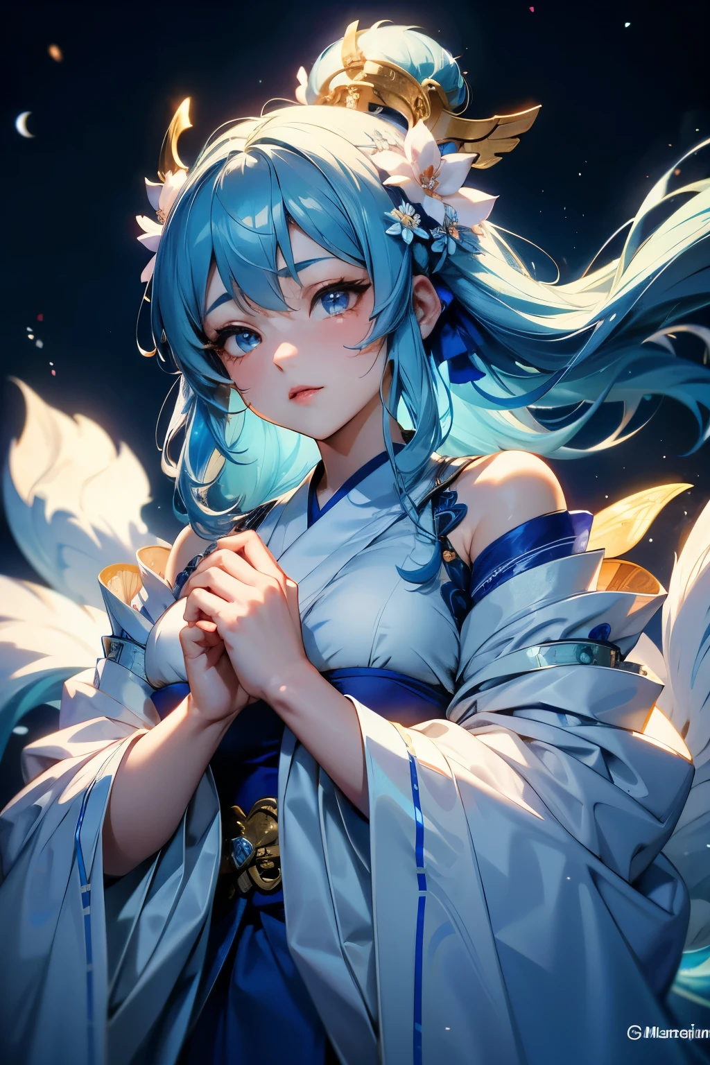 It is the figure of a blue shrine maiden.,She is a beautiful goddess。Upper body close-up。Wearing a white kimono。The moon is the background,A charming female deity。hair color is light blue。resolution,8k、masterpiece