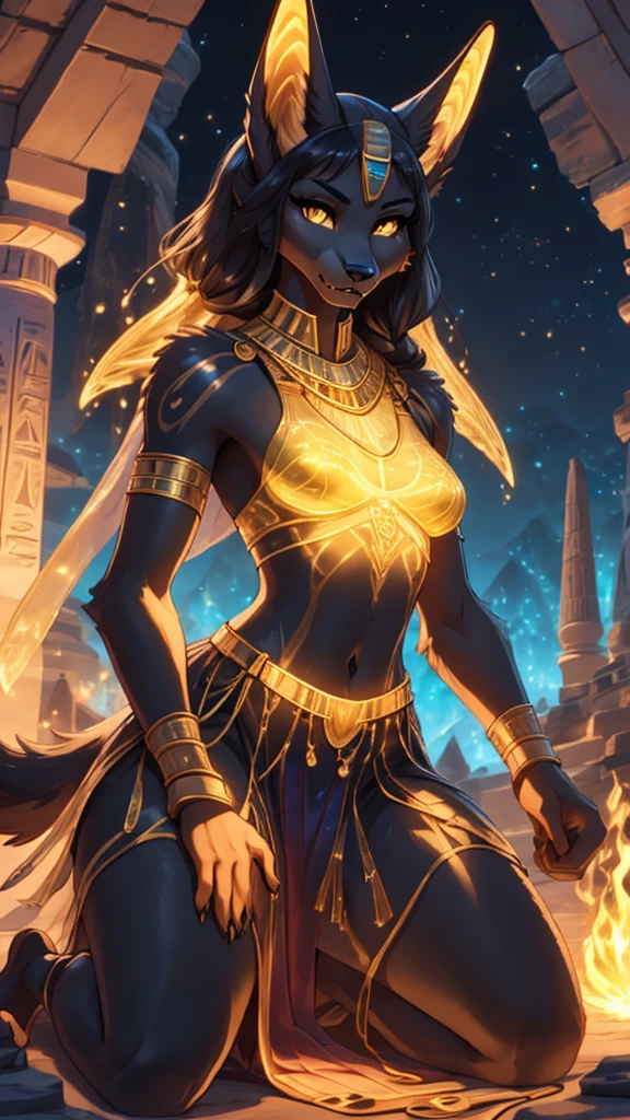 best quality masterpiece, the best definition to add aesthetic and lighting detalles Black girl jackal, egyptian clothing, girl, ,black body, ( the best definition in the body, good attributes, stylized body, slanted eyes, sensual look) egypt landscape, golden tattoo body, sensual eyes, yellow pupil, He has 2 kunai in his hands., battle pose, background fire add_detalle Ferocious fangs, sharp fangs, wild sharp claws, angried, hitting with his fist and destroying a pyramid add_detail female godness, killing a human who is kneeling in front of her with a dagger, human kneeling venerating her