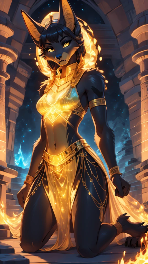 best quality masterpiece, the best definition to add aesthetic and lighting detalles Black girl jackal, egyptian clothing, teen girl, ,black body, ( the best definition in the body, good attributes, stylized body, slanted eyes, sensual look) egypt landscape, golden tattoo body, sensual eyes, yellow pupil, He has 2 kunai in his hands., battle pose, background fire add_detalle Ferocious fangs, sharp fangs, wild sharp claws, angried, hitting with his fist and destroying a pyramid add_detail female godness, killing a human who is kneeling in front of her with a dagger, human kneeling venerating her