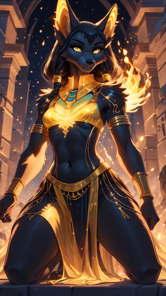 best quality masterpiece, the best definition to add aesthetic and lighting detalles Black girl jackal, egyptian clothing, girl, ,black body, ( the best definition in the body, good attributes, stylized body, slanted eyes, sensual look) egypt landscape, golden tattoo body, sensual eyes, yellow pupil, He has 2 kunai in his hands., battle pose, background fire add_detalle Ferocious fangs, sharp fangs, wild sharp claws, angried, hitting with his fist and destroying a pyramid add_detail female godness, killing a human who is kneeling in front of her with a dagger, human kneeling venerating her