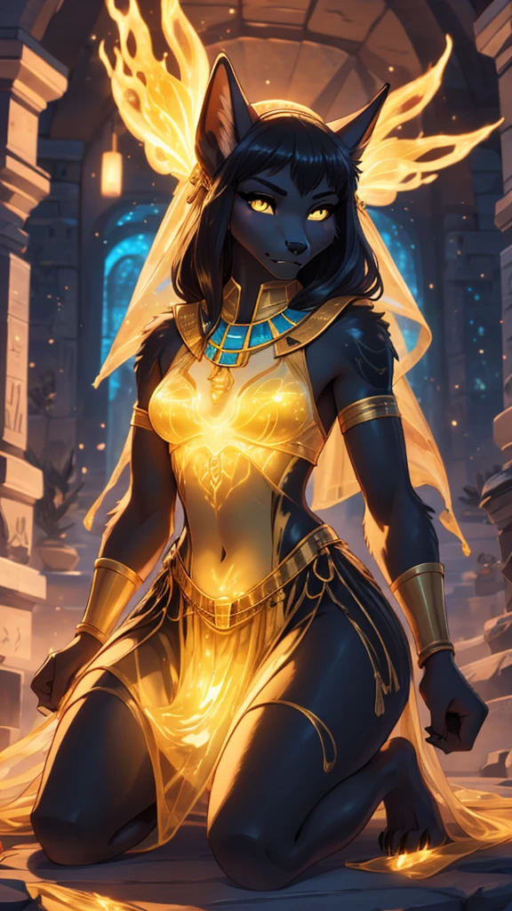 best quality masterpiece, the best definition to add aesthetic and lighting detalles Black girl jackal, egyptian clothing, teen girl, ,black body, ( the best definition in the body, good attributes, stylized body, slanted eyes, sensual look) egypt landscape, golden tattoo body, sensual eyes, yellow pupil, He has 2 kunai in his hands., battle pose, background fire add_detalle Ferocious fangs, sharp fangs, wild sharp claws, angried, hitting with his fist and destroying a pyramid add_detail female godness, killing a human who is kneeling in front of her with a dagger, human kneeling venerating her