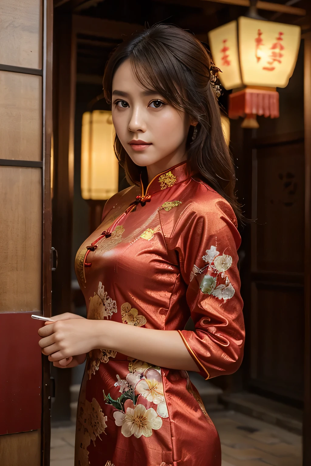 beautiful young woman face chinese, heongsam dress, สีสดใส