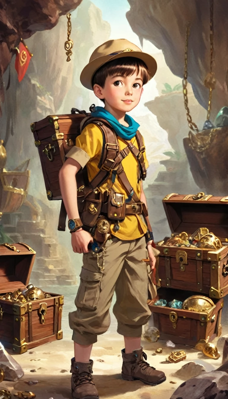 Boy Explorer,Adventurer、Treasure chest in background、Treasure in the background、Cool pose