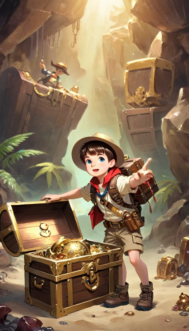 Boy Explorer，Adventurer、Treasure chest in background、Treasure in the background、Cool pose