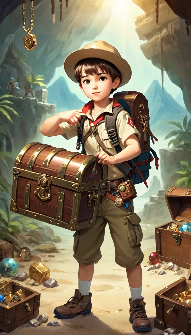 Boy Explorer,Adventurer、Treasure chest in background、Treasure in the background、Cool pose