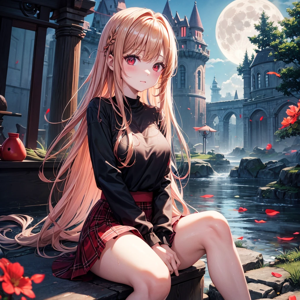 Red-blonde、Red eyes、One cute girl、solo、And soul、Light clothing、Checked mini skirt、petal、Wet hair、Sit on、black t-shirts、large tree、cloud、full moon、monster castle、lanthanum、Hell's Gate、Craft Gatekeeper、barefoot、Stones are piled up、Teeth are visible、Secret Treasure、Wooden chair、Wooden fence on fire、Beard