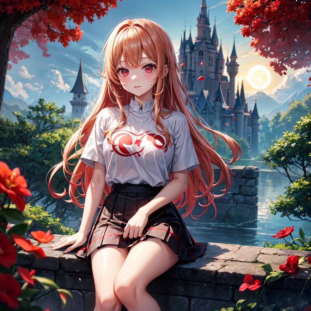 Red-blonde、Red eyes、One cute girl、solo、And soul、Light clothing、Checked mini skirt、petal、Wet hair、Sit on、black t-shirts、large tree、cloud、full moon、monster castle、lanthanum、Hell&#39;s Gate、Craft Gatekeeper、barefoot、Stones are piled up、Teeth are visible、Secret Treasure、Wooden chair、Wooden fence on fire、Beard