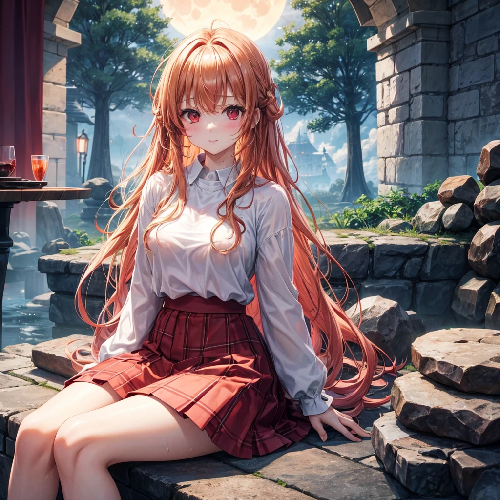 Red-blonde、Red eyes、One cute girl、solo、And soul、Light clothing、Checked mini skirt、petal、Wet hair、Sit on、black t-shirts、large tree、cloud、full moon、monster castle、lanthanum、Hell's Gate、Craft Gatekeeper、barefoot、Stones are piled up、Teeth are visible、Secret Treasure、Wooden chair、Wooden fence on fire、Beard