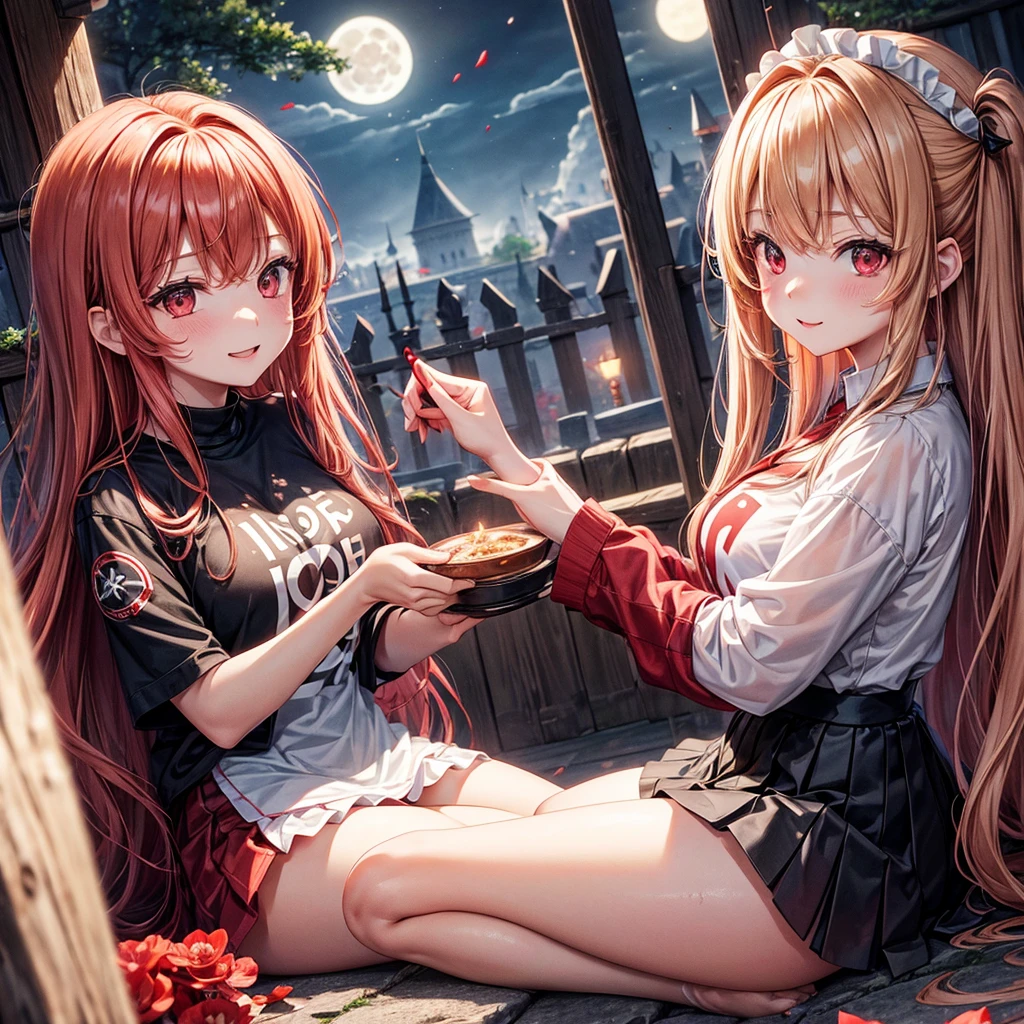 Red-blonde、Red eyes、One cute girl、solo、And soul、Light clothing、Checked mini skirt、petal、Wet hair、Sit on、black t-shirts、large tree、cloud、full moon、monster castle、lanthanum、Hell&#39;s Gate、Craft Gatekeeper、barefoot、Stones are piled up、Teeth are visible、Secret Treasure、Wooden chair、Wooden fence on fire、Beard