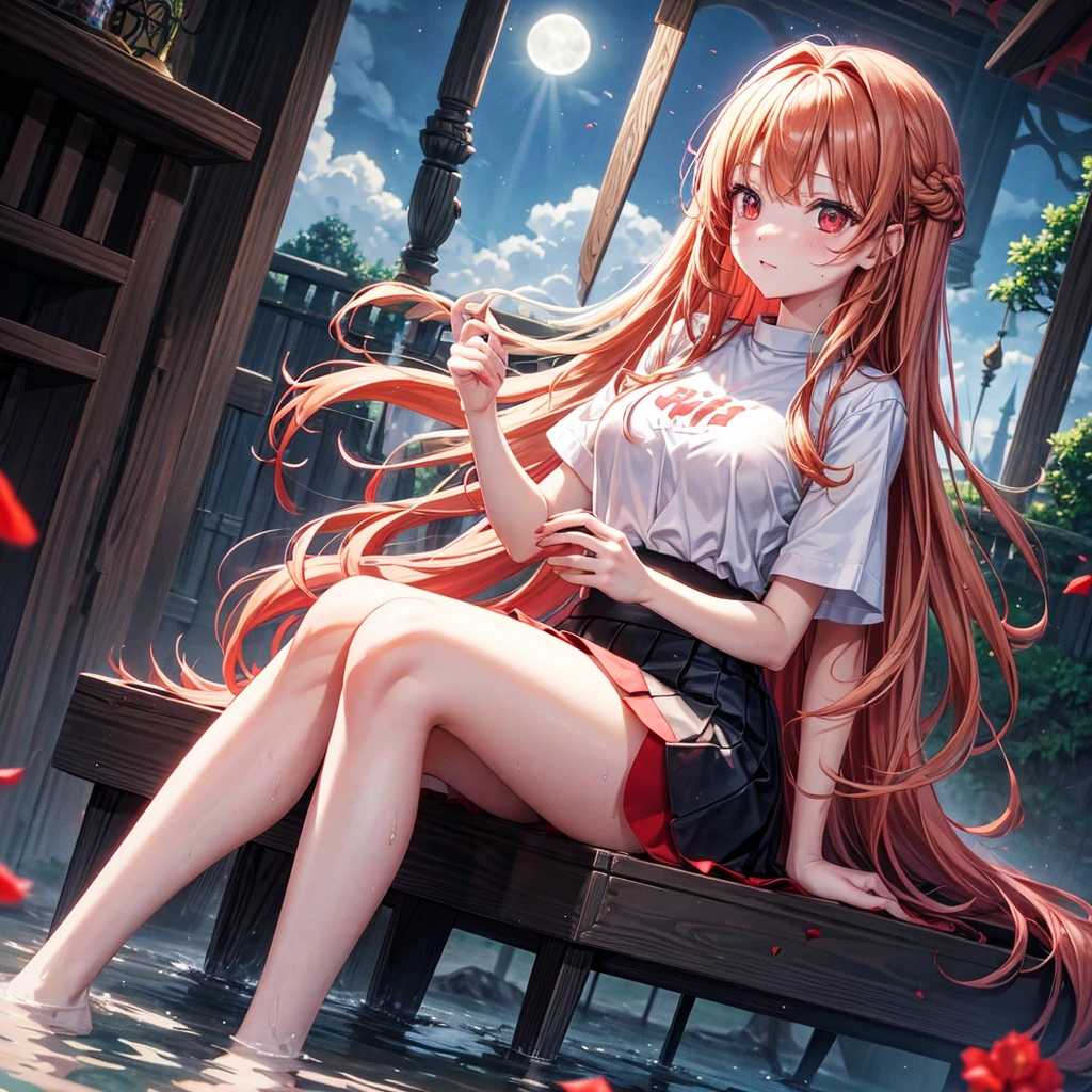 Red-blonde、Red eyes、One cute girl、solo、And soul、Light clothing、Checked mini skirt、petal、Wet hair、Sit on、black t-shirts、large tree、cloud、full moon、monster castle、lanthanum、Hell's Gate、Craft Gatekeeper、barefoot、Stones are piled up、Teeth are visible、Secret Treasure、Wooden chair、Wooden fence on fire、Beard