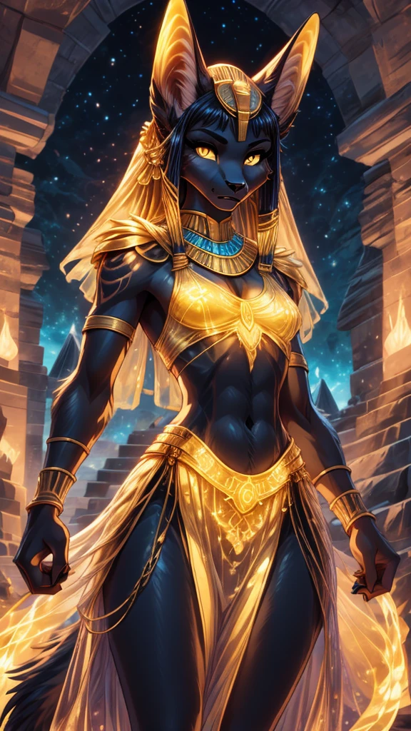 best quality masterpiece, the best definition to add aesthetic and lighting detalles Black girl jackal, egyptian clothing, teen girl, ,black body, ( the best definition in the body, good attributes, stylized body, slanted eyes, sensual look) egypt landscape, golden tattoo body, sensual eyes, yellow pupil, He has 2 kunai in his hands., battle pose, background fire add_detalle Ferocious fangs, sharp fangs, wild sharp claws, angried, hitting with his fist and destroying a pyramid add_detail female godness, killing a human with a dagger
