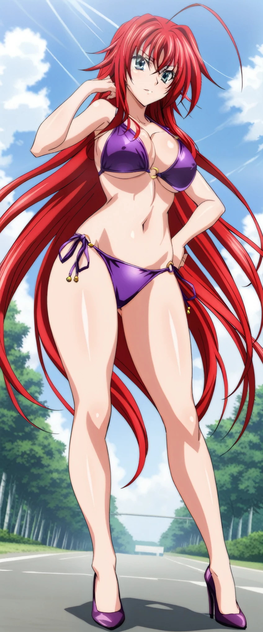 sysdeep_rias, 1girl, solo, long_hair, blue_eyes, large_breasts, cleavage, hair_between_eyes, very_long_hair, ahoge, red_hair, outdoors, sky, day, covered_nipples, hand_on_hip, red_bikini, o-ring, o-ring_top, huge_ahoge, purple bikini ، high heels full body viewer