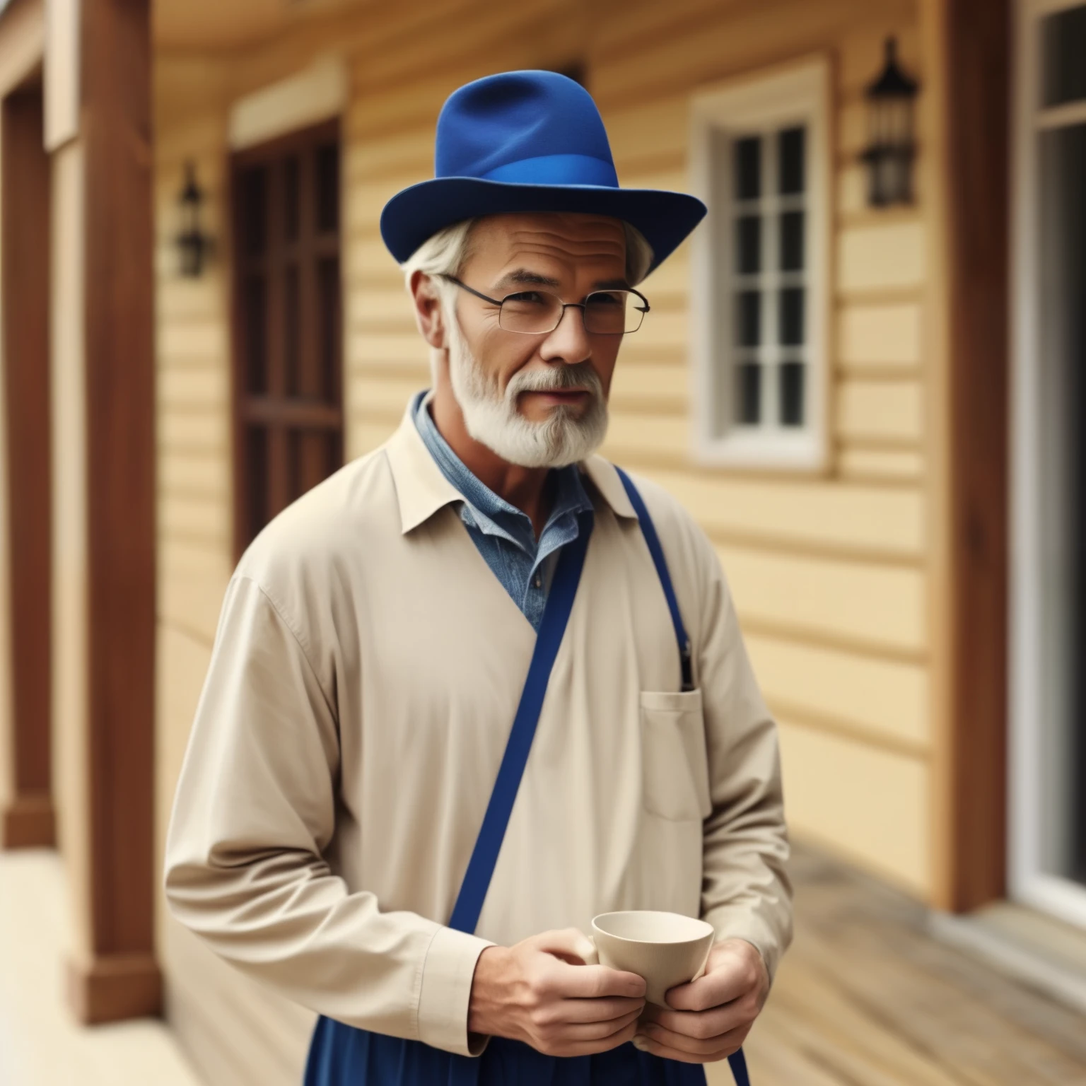 a man in a black pilgrim costume, standing on the porch, in the midwest, americana, Upper part of the body, close up, raw, [smiling:0.8], 8k hd 